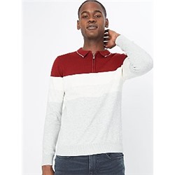 Red Colour Block Long Sleeve Polo Jumper