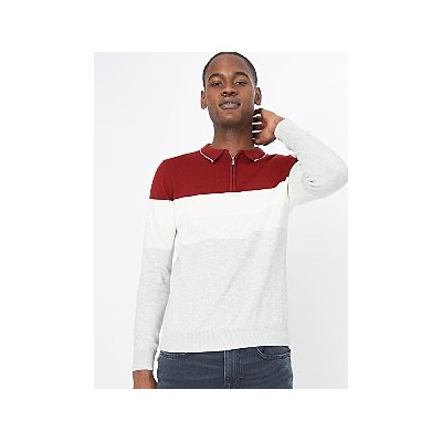 Red Colour Block Long Sleeve Polo Jumper