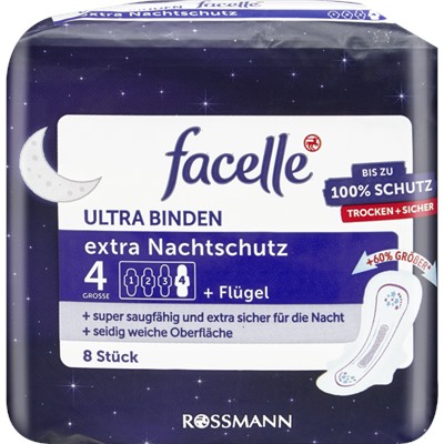 facelle Ultra-Binden extra Nachtschutz mit Flügeln 8st, фасель Прокладки Ультравпитывающие Ночные с крылышками 8шт.