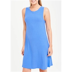 Blue Sleeveless Ribbed Jersey Swing Dress