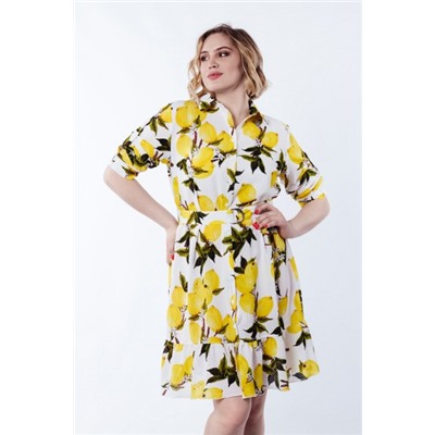Платье-рубашка в лимоны с воланом Белое Батал