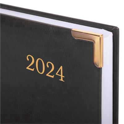 Ежедневник датированный 2024 А5 138x213 мм BRAUBERG "Senator", под кожу, черный, 114886