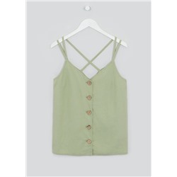 Green Strappy Linen Button Front Cami Top