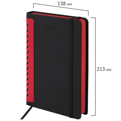Ежедневник датированный 2024 А5 138x213 мм, BRAUBERG "Original", под кожу, черный/красный, 114943