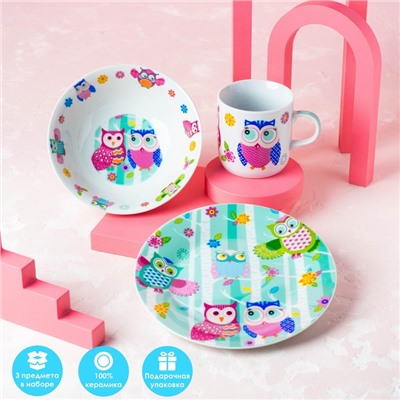 Набор детской посуды из керамики Доляна «Совушки», 3 предмета: кружка 230 мл, миска 400 мл, тарелка d=18 см, цвет белый