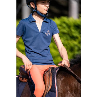 Рубашка-поло с короткими рукавами для верховой езды для детей 500 Mesh темно-синяя Fouganza