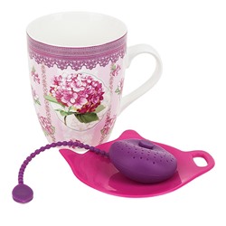 Кружка фарфоровая с ситечком для заварки и подставкой под чайный пакетик "Розовая гортензия" v=341мл