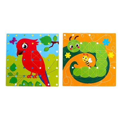 Геоборд двусторонний «Весёлые животные» со сменными картинками и резиночками, по методике Монтессори, планшет цвет МИКС