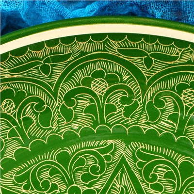 Ляган круглый, 31 см, риштанская роспись, зелёный