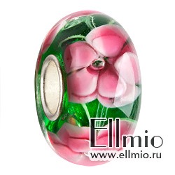 Бусина зеленая с розовыми цветами