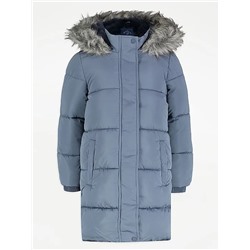Blue Hooded Longline Padded Coat