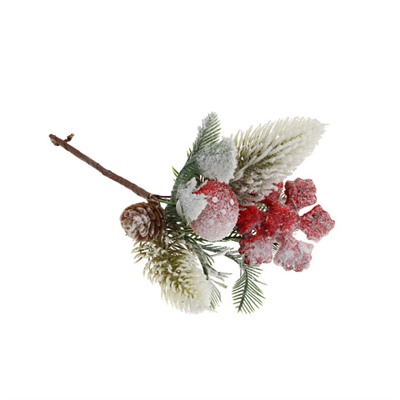 СНОУ БУМ Ветка декоративная хвоя с ягодами, снежная, пластик, 14-15 см, 3 вида