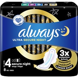 Always Ultra Damenbinden Secure Night mit Flügeln 8st, Олвейс Прокладки Secure Night размер 4, 8 шт