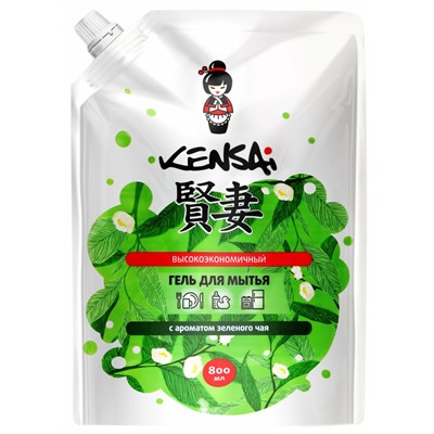 KENSAI Гель высокоэкономичный для мытья посуды и детских принадлежностей с ароматом зеленого чая, мягкая упаковка, 800 мл
