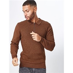 Chocolate Brown Knitted Long Sleeve Zip Neck Polo Shirt