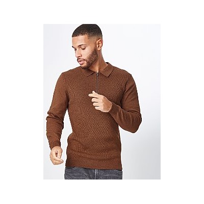 Chocolate Brown Knitted Long Sleeve Zip Neck Polo Shirt
