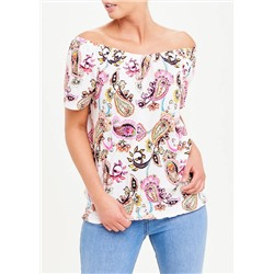 Shirred Paisley Wide Neck T-Shirt
