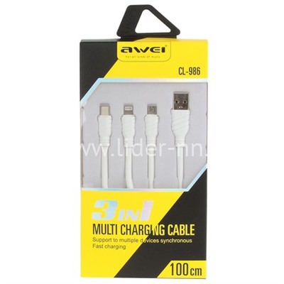 USB кабель 3в1 для iPhone 5/6/6Plus/7/7Plus/micro USB/Type-C 1.0м AWEI CL-986 (белый)
