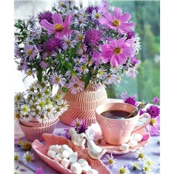 Картина по номерам 40х50 - Цветы, чай и зефирки