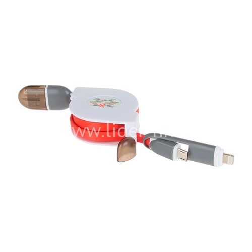 USB кабель 2в1 для iPhone 5/6/6Plus/7/7Plus и micro USB 1.0 м (красный) АВТОСМОТКА