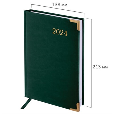 Ежедневник датированный 2024 А5 138x213 мм BRAUBERG "Senator", под кожу, зеленый, 114885