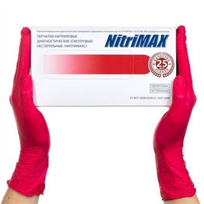 NitriMax Перчатки нитриловые смотровые одноразовые неопудренные, размер M, красный, 50 пар (100 штук)