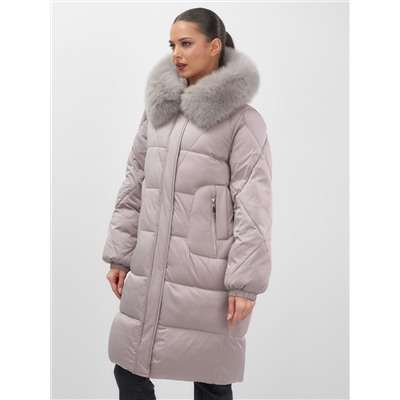 Пальто зимнее утепленное с мехом и капюшоном тренд светло-коричневого цвета 7629SK