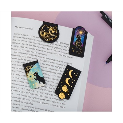 Закладки магнитные для книг, 4шт., MESHU "Moon cat", софт-тач, фольга