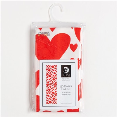 Дорожка на стол Этель Red hearts 40×149см, 100% хлопок, саржа 190 г/м², белая/красная