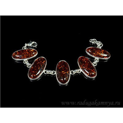 Браслет с янтарём в посеребрении 5 овалов 31*16мм коньячный, 19см.