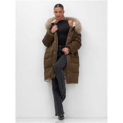 Пальто зимнее утепленное с мехом и капюшоном тренд горчичного цвета 7629G