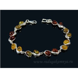 Браслет с янтарём в посеребрении овальчик двойной ассорти, 20см