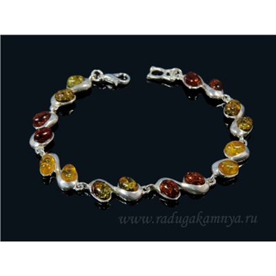 Браслет с янтарём в посеребрении овальчик двойной ассорти, 20см