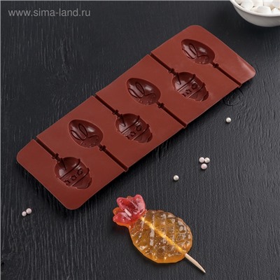 Форма для леденцов Доляна «Пасхальный кролик», силикон, 26×10×1 см, 6 ячеек, с палочками, цвет коричневый