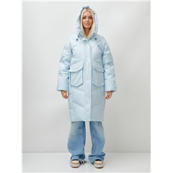 Пальто летучая мышь женское с капюшоном зимнее голубого цвета 9618Gl