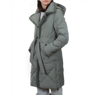 309 GRAY/GREEN Пальто зимнее стеганое женское (200 гр. холлофайбер, натуральная норка)