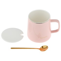 Кружка фарфоровая "Simple" 370мл, д9см h9см, глянцевая глазурь, отводка золотом, деколь с золотом, цвет - розовый, фарфоровая крышка, ложка металл., окрашенный "золото" 13см, д/горла 8см, д/основания 8,5см, в подарочноый коробке (Китай)