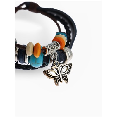 Браслет кожа «Бабочка» с бусинами, 3 нити, цветной, d=5 см