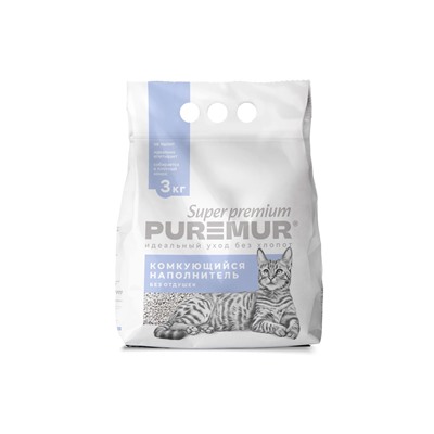 Наполнитель минеральный комкующийся PureMur Super premium 3 кг,пластиковый пакет