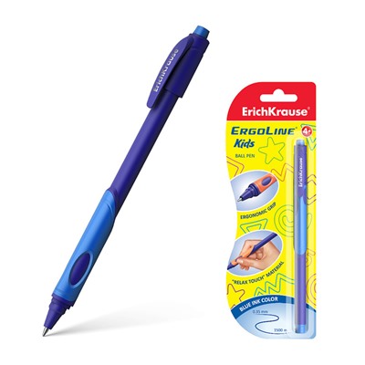Ручка шариковая ErichKrause ErgoLine Kids Ultra Glide, первоклассника, эргономичный держатель, корпус Soft-touch, узел 0.7 мм, чернила синие, МИКС, блистер