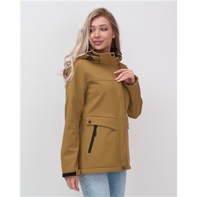 Ветровка спортивная женская с капюшоном softshell горчичного цвета 9566G