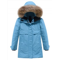 Парка зимняя подростковая для девочки с капюшоном и мехом бирюзового цвета 9534Br