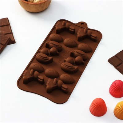 Форма для конфет и шоколада Доляна «Зайцы, утки и яйца», силикон, 22×10.2×1.4 см, 14 ячеек, коричневая
