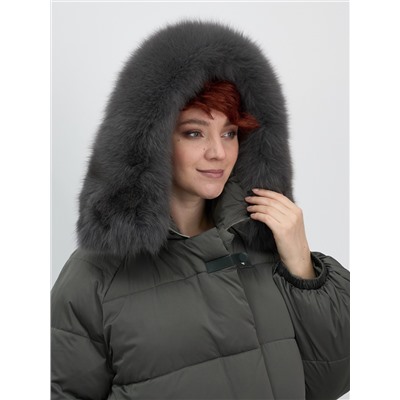 Куртка зимняя женская с мехом и капюшоном тренд темно-зеленого цвета 7639TZ