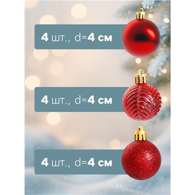 Ёлочные игрушки «Новогодние ветви», шары новогодние, d=4 см, набор 12 шт., красные
