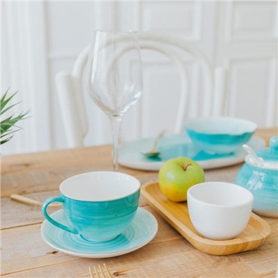 Чайная пара Доляна «Млечный путь», 2 предмета: чашка 220 мл, блюдце d=13.5 см, фарфор, бирюзовая