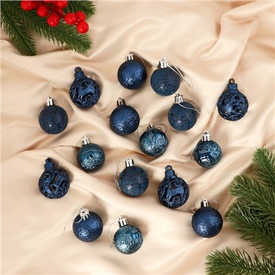 Ёлочные игрушки «Мелодия», шары новогодние, d=4 см, набор 16 шт., орнамент, синий