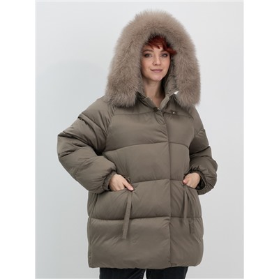 Куртка зимняя женская с мехом и капюшоном тренд коричневого цвета 7639K