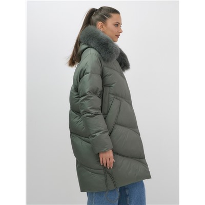 Пальто зимнее утепленное с мехом и капюшоном тренд цвета хаки 7745Kh