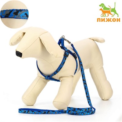 Комплект прошитый «Милитари», ширина 1 см, поводок 120 см, шлейка 23-35 см, синий